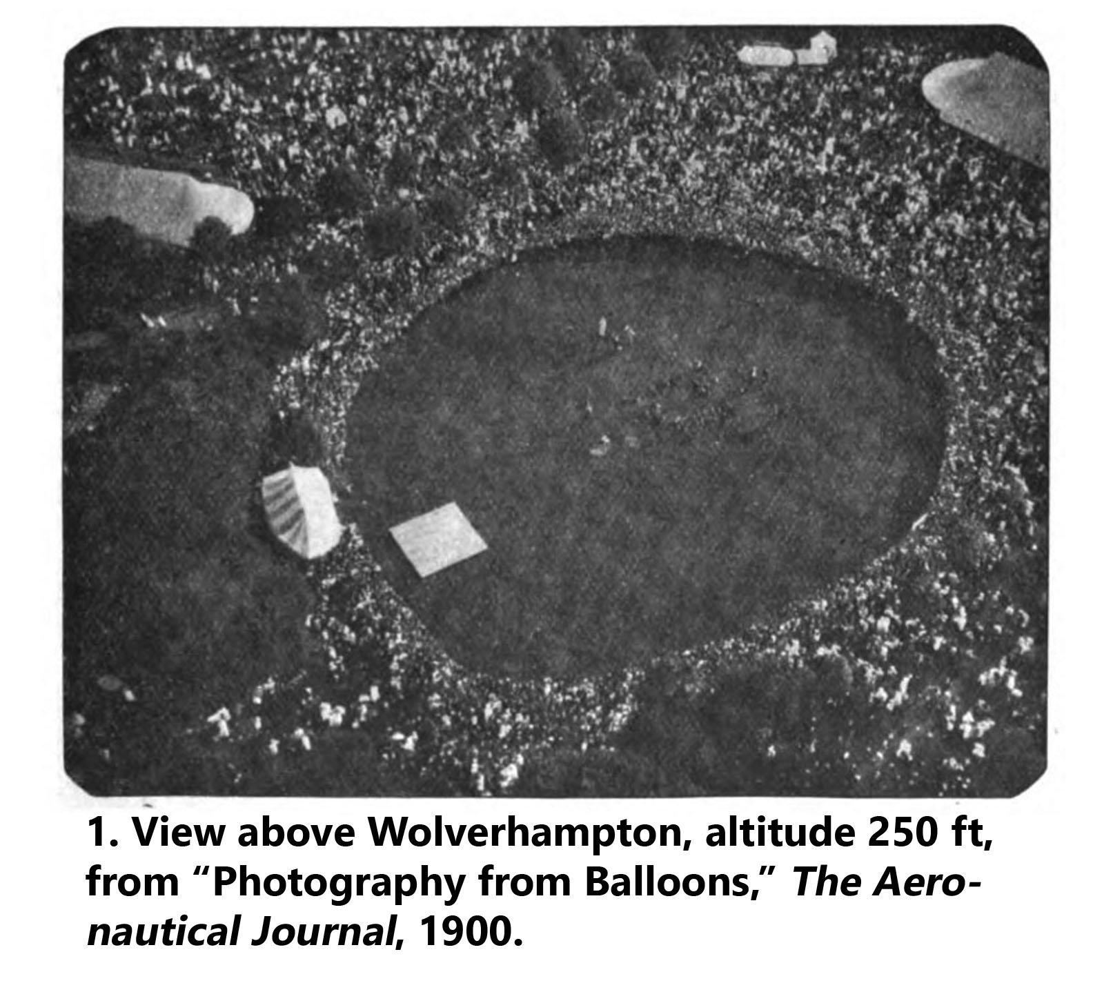 Aerial photograph above Wolverhampton, depicts crowd watching photographer ascend in a hydrogen balloon, 1900