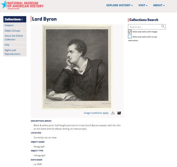 Catalog record with scan of a portrait of Lord Byron