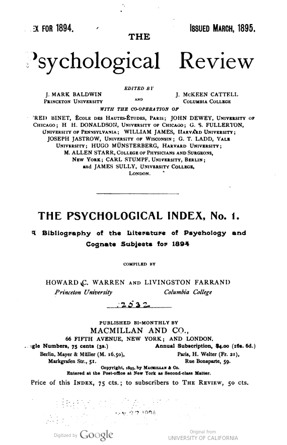 Title page of the first Psychological Index volume.